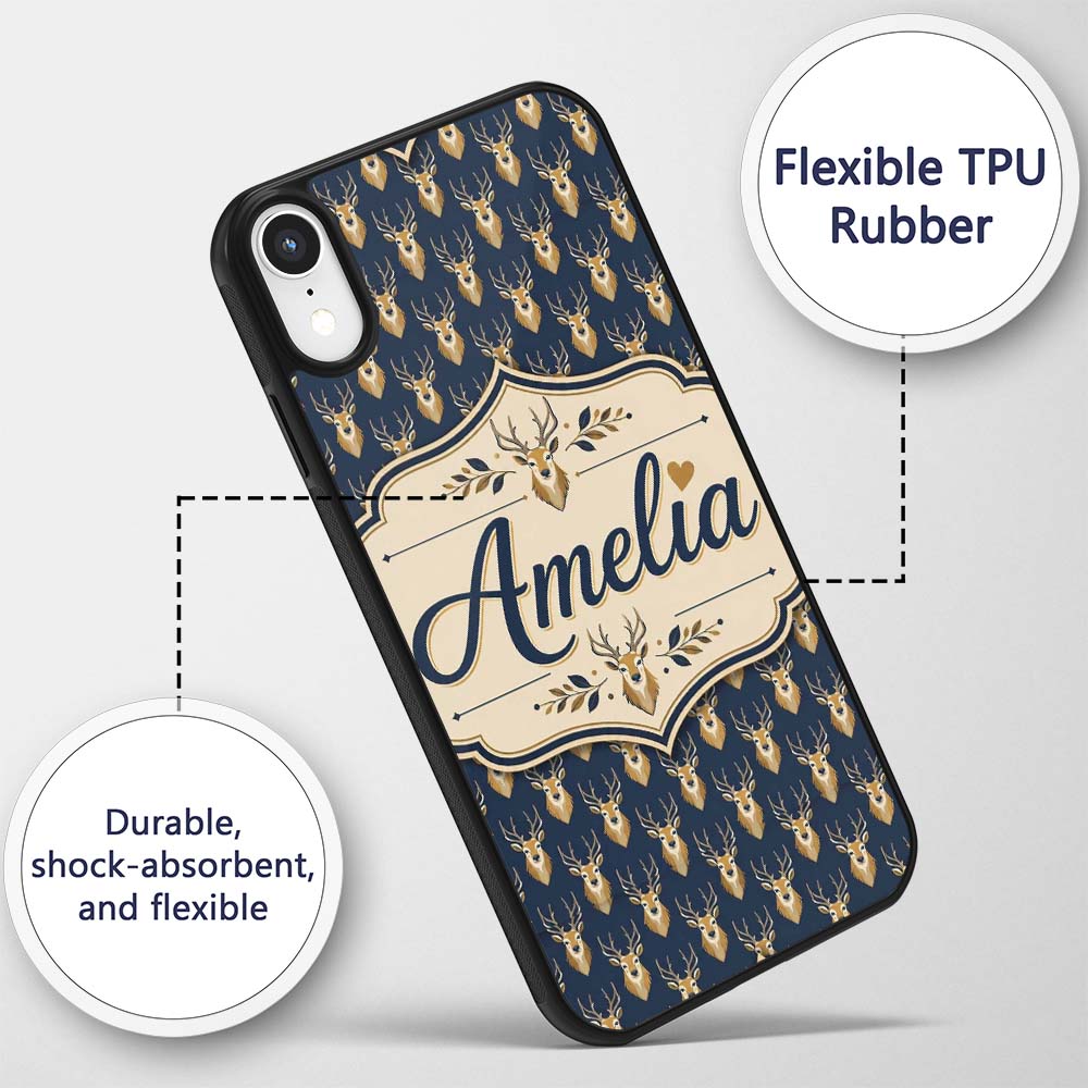 Minimal Deer Head Antlers Repeating Seamless Custom Name Protective Phone Case Mobile Cover Durable Everyday Smartphone Shock Resistant