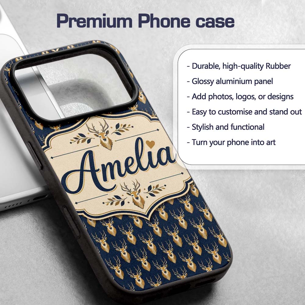 Minimal Deer Head Antlers Repeating Seamless Custom Name Protective Phone Case Mobile Cover Durable Everyday Smartphone Shock Resistant
