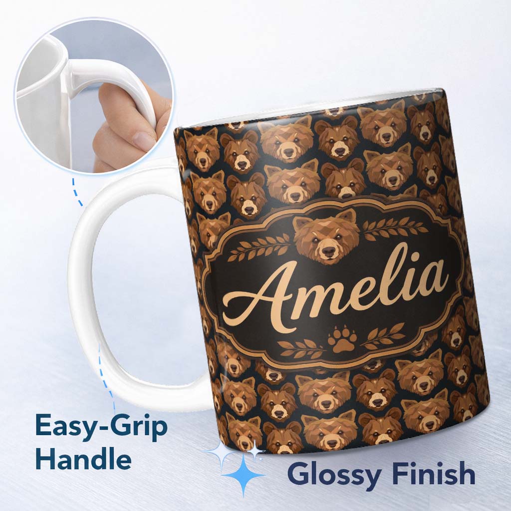 Personalized Custom Name Brown Bear Faces Wildlife Animal Seamless Pattern Name Cute Unique 11oz Ceramic Coffee Tea Mug White Large Handle