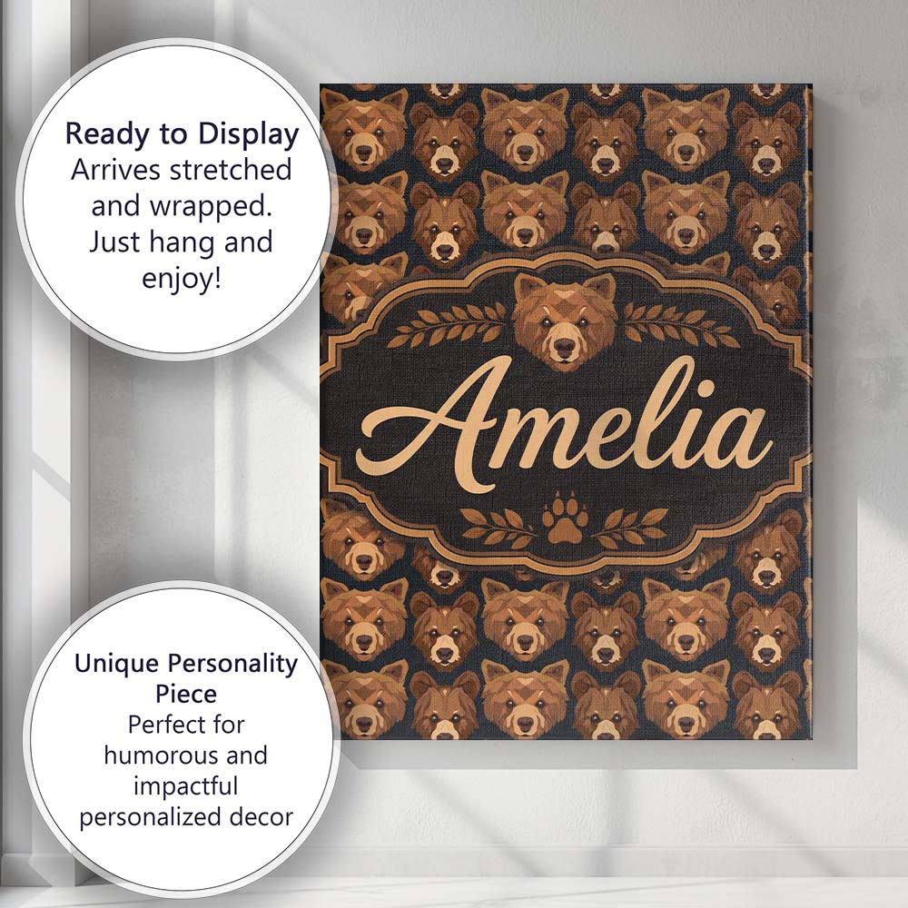 Personalised Name Brown Bear Faces Wildlife Custom  Bespoke Interior Contemporary Canvas Wall Art Print Decor Picture Ready to Hang