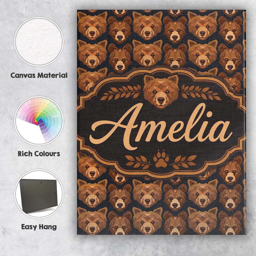 Personalised Name Brown Bear Faces Wildlife Custom  Bespoke Interior Contemporary Canvas Wall Art Print Decor Picture Ready to Hang