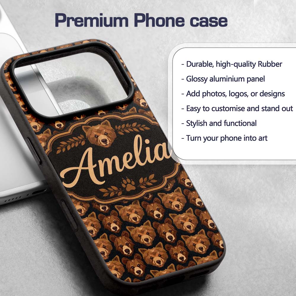 Brown Bear Faces Wildlife Animal Seamless Pattern Custom Name Protective Phone Case Mobile Cover Durable Everyday Smartphone Shock Resistant