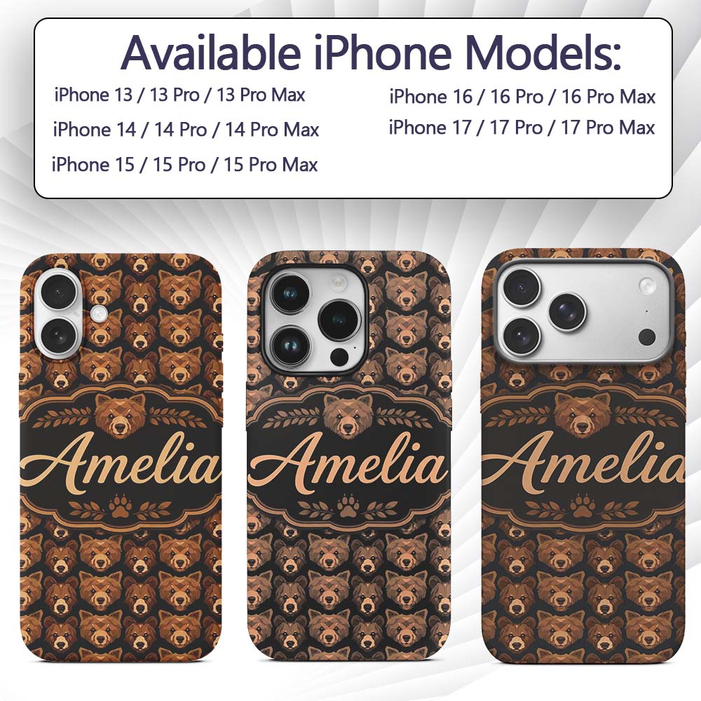 Brown Bear Faces Wildlife Animal Seamless Pattern Custom Name Protective Phone Case Mobile Cover Durable Everyday Smartphone Shock Resistant