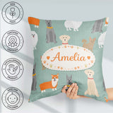 Custom Name Mixed Dog Breeds Cute Pets Green Background Seamless Square Filled Cushion Throw Pillow Sofa Bed Home Decor Zip Washable UK Made