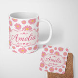 Personalized Custom Name Pink Daisy Floral Pattern with Yellow Centers on Grey Background 11oz Ceramic Coffee Tea Mug White Large Handle