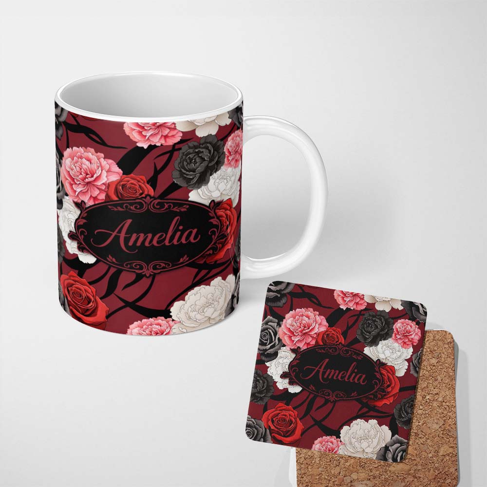 Personalized Custom Name Elegant Rose Floral with Black Red and White Flowers on Deep Red 11oz Ceramic Coffee Tea Mug White Large Handle