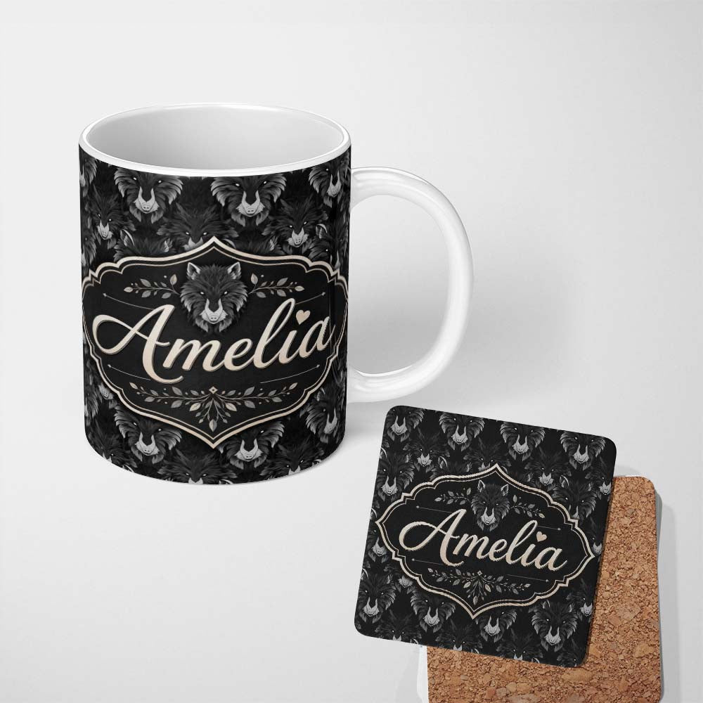 Personalized Custom Name Dark Wolf Faces Mystical Animal Seamless Pattern Name Cute Unique 11oz Ceramic Coffee Tea Mug White Large Handle