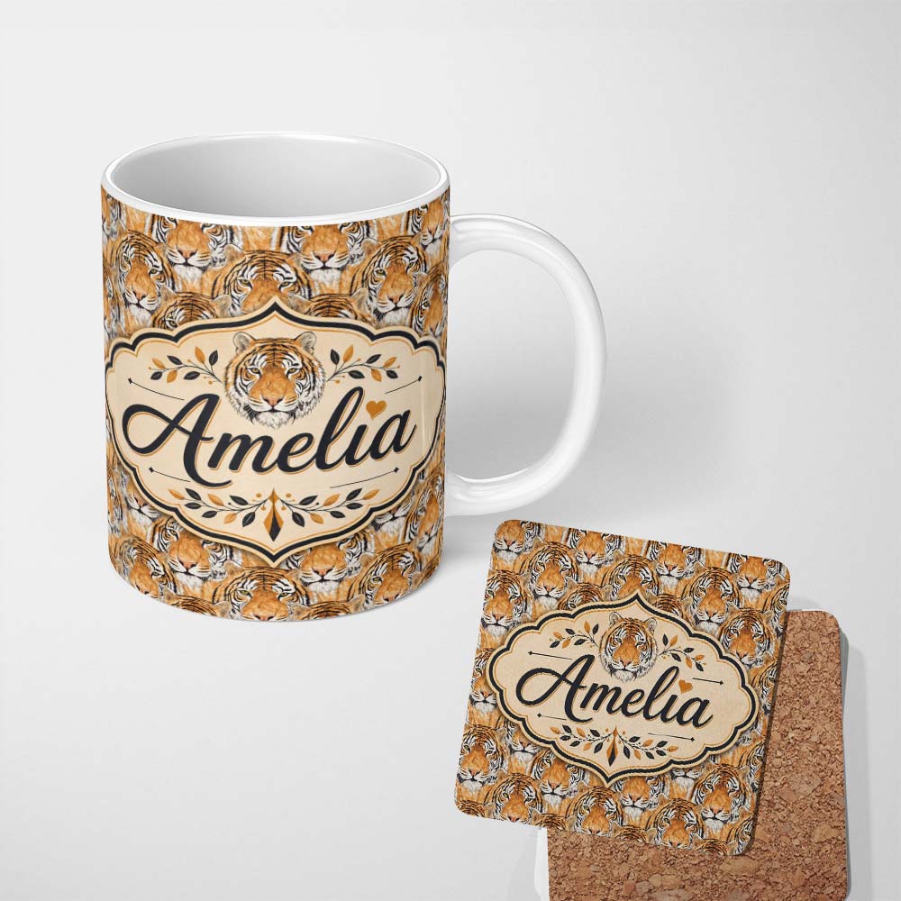 Personalized Custom Name Realistic Tiger Faces Wildlife Animal Seamless Pattern Name Cute 11oz Ceramic Coffee Tea Mug White Large Handle