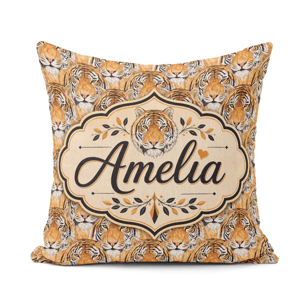 Custom Name Realistic Tiger Faces Wildlife Seamless Pattern Name Square Filled Cushion Throw Pillow Sofa Bed Home Decor Zip Washable UK Made
