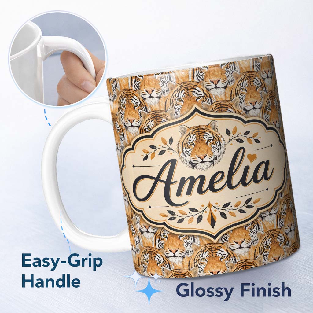 Personalized Custom Name Realistic Tiger Faces Wildlife Animal Seamless Pattern Name Cute 11oz Ceramic Coffee Tea Mug White Large Handle