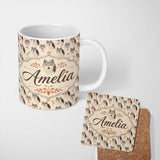 Personalized Custom Name Soft Wolf Faces with Autumn Leaves Seamless Pattern Name Cute 11oz Ceramic Coffee Tea Mug White Large Handle