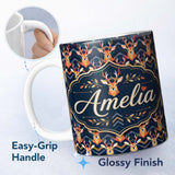 Personalized Custom Name Stylized Deer Head Antlers Geometric Seamless Pattern Name Cute 11oz Ceramic Coffee Tea Mug White Large Handle
