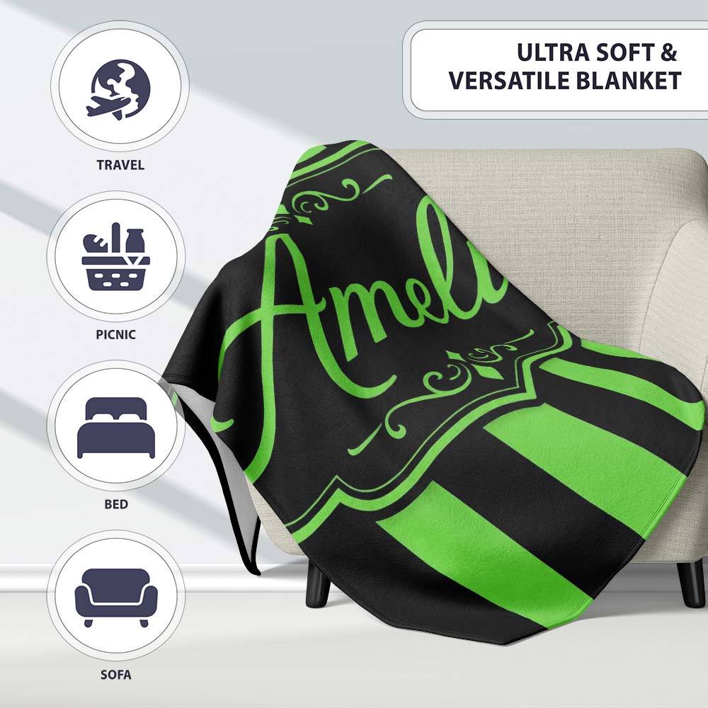 Green Black Wavy Stripe Abstract Seamless Pattern Name Cute Unique  Personalised Custom Name Super Soft Fleece Blanket Bed Sofa Throw