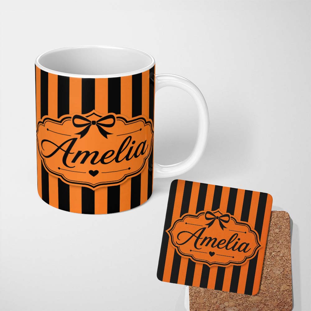 Personalized Custom Name Orange Black Wavy Stripe Abstract Seamless Pattern Name Cute Unique 11oz Ceramic Coffee Tea Mug White Large Handle