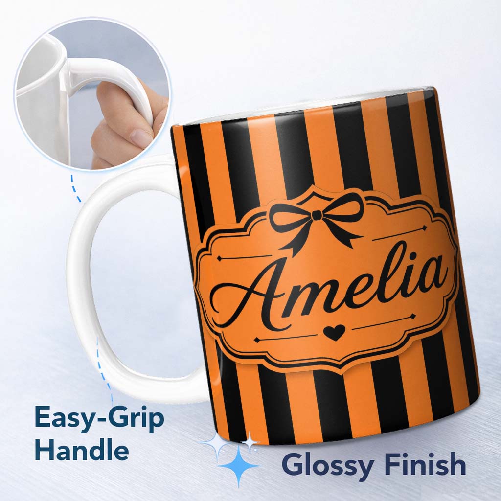Personalized Custom Name Orange Black Wavy Stripe Abstract Seamless Pattern Name Cute Unique 11oz Ceramic Coffee Tea Mug White Large Handle