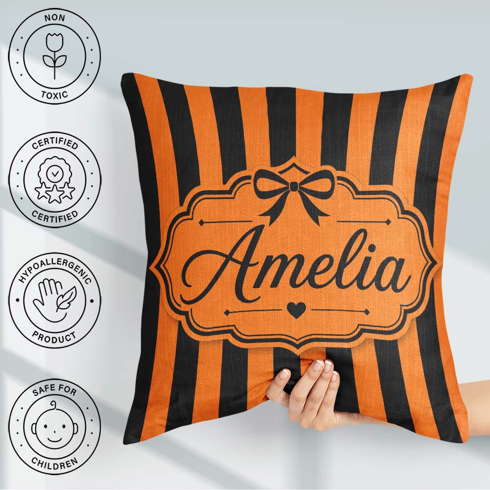 Custom Name Orange Black Wavy Stripe Abstract Seamless Name Cute Square Filled Cushion Throw Pillow Sofa Bed Home Decor Zip Washable UK Made