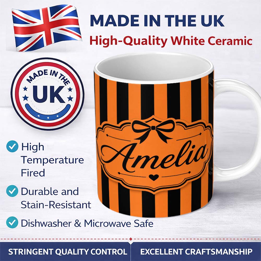 Personalized Custom Name Orange Black Wavy Stripe Abstract Seamless Pattern Name Cute Unique 11oz Ceramic Coffee Tea Mug White Large Handle