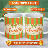 Personalized Custom Name Orange and Green Wavy Stripe Abstract Seamless Pattern Name Cute 11oz Ceramic Coffee Tea Mug White Large Handle