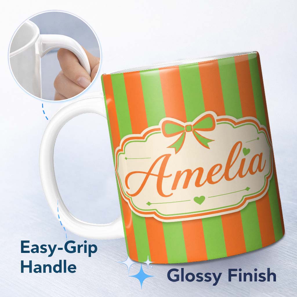 Personalized Custom Name Orange and Green Wavy Stripe Abstract Seamless Pattern Name Cute 11oz Ceramic Coffee Tea Mug White Large Handle