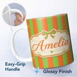 Personalized Custom Name Orange and Green Wavy Stripe Abstract Seamless Pattern Name Cute 11oz Ceramic Coffee Tea Mug White Large Handle