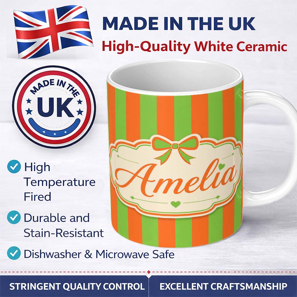Personalized Custom Name Orange and Green Wavy Stripe Abstract Seamless Pattern Name Cute 11oz Ceramic Coffee Tea Mug White Large Handle