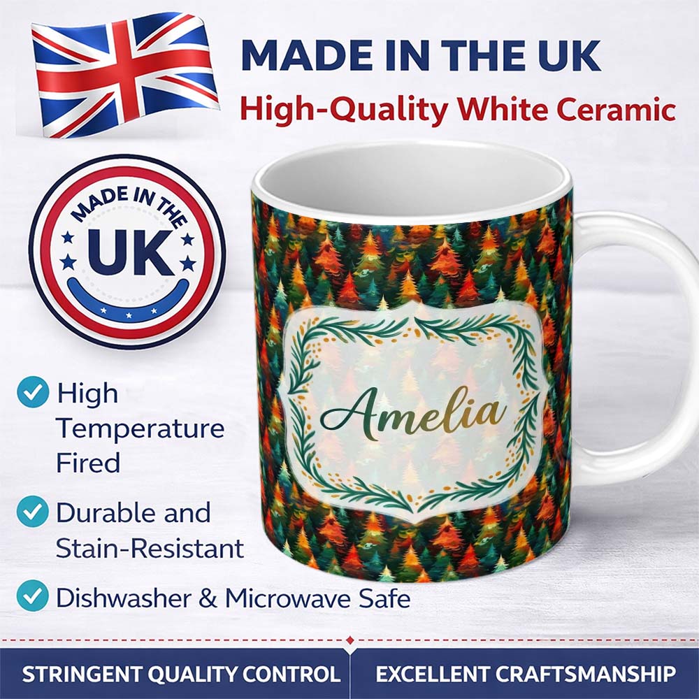 Personalized Custom Name Colorful Artistic Forest Trees Autumn Style Seamless Pattern Lovely 11oz Ceramic Coffee Tea Mug White Large Handle