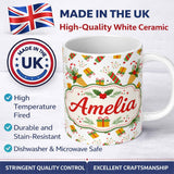 Personalized Custom Name Christmas Candy Cane Ice Cream Cone Holly Gift Seamless Pattern 11oz Ceramic Coffee Tea Mug White Large Handle