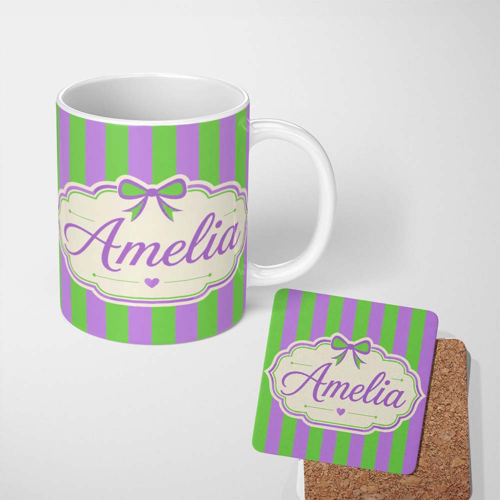 Personalized Custom Name Green and Purple Wavy Stripe Abstract Seamless Pattern Name Cute 11oz Ceramic Coffee Tea Mug White Large Handle