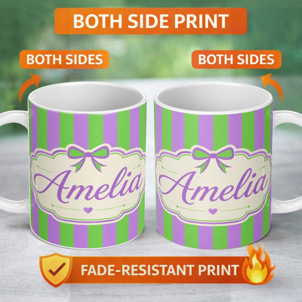 Personalized Custom Name Green and Purple Wavy Stripe Abstract Seamless Pattern Name Cute 11oz Ceramic Coffee Tea Mug White Large Handle