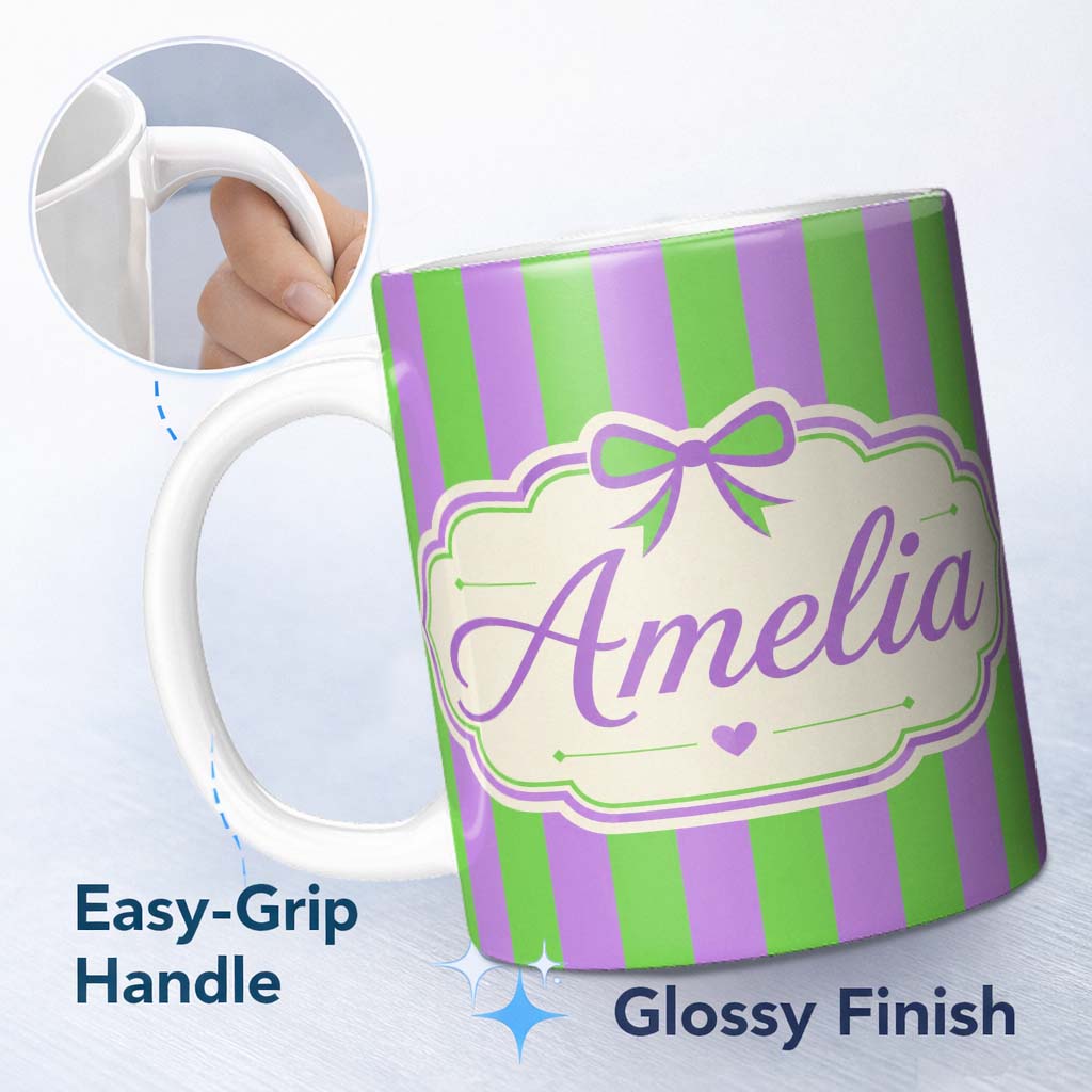 Personalized Custom Name Green and Purple Wavy Stripe Abstract Seamless Pattern Name Cute 11oz Ceramic Coffee Tea Mug White Large Handle