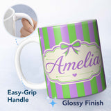 Personalized Custom Name Green and Purple Wavy Stripe Abstract Seamless Pattern Name Cute 11oz Ceramic Coffee Tea Mug White Large Handle