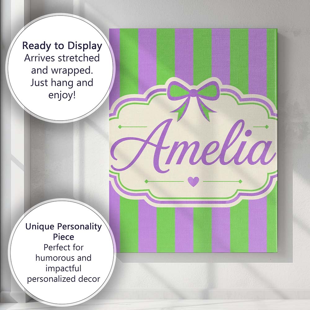 Personalised Name Green and Purple Wavy Custom  Modern Room Accent Elegant Feature Canvas Wall Art Print Decor Picture Ready to Hang