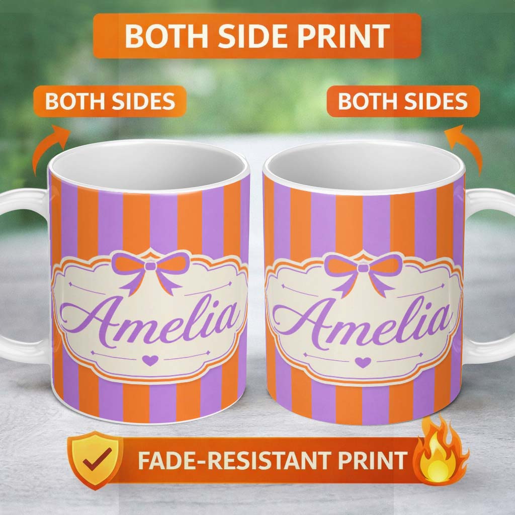 Personalized Custom Name Orange and Purple Wavy Stripe Abstract Seamless Pattern Name Cute 11oz Ceramic Coffee Tea Mug White Large Handle