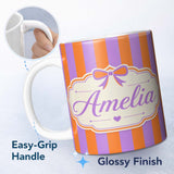 Personalized Custom Name Orange and Purple Wavy Stripe Abstract Seamless Pattern Name Cute 11oz Ceramic Coffee Tea Mug White Large Handle