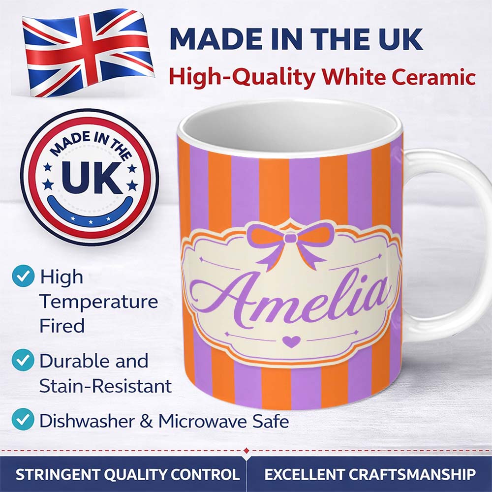 Personalized Custom Name Orange and Purple Wavy Stripe Abstract Seamless Pattern Name Cute 11oz Ceramic Coffee Tea Mug White Large Handle