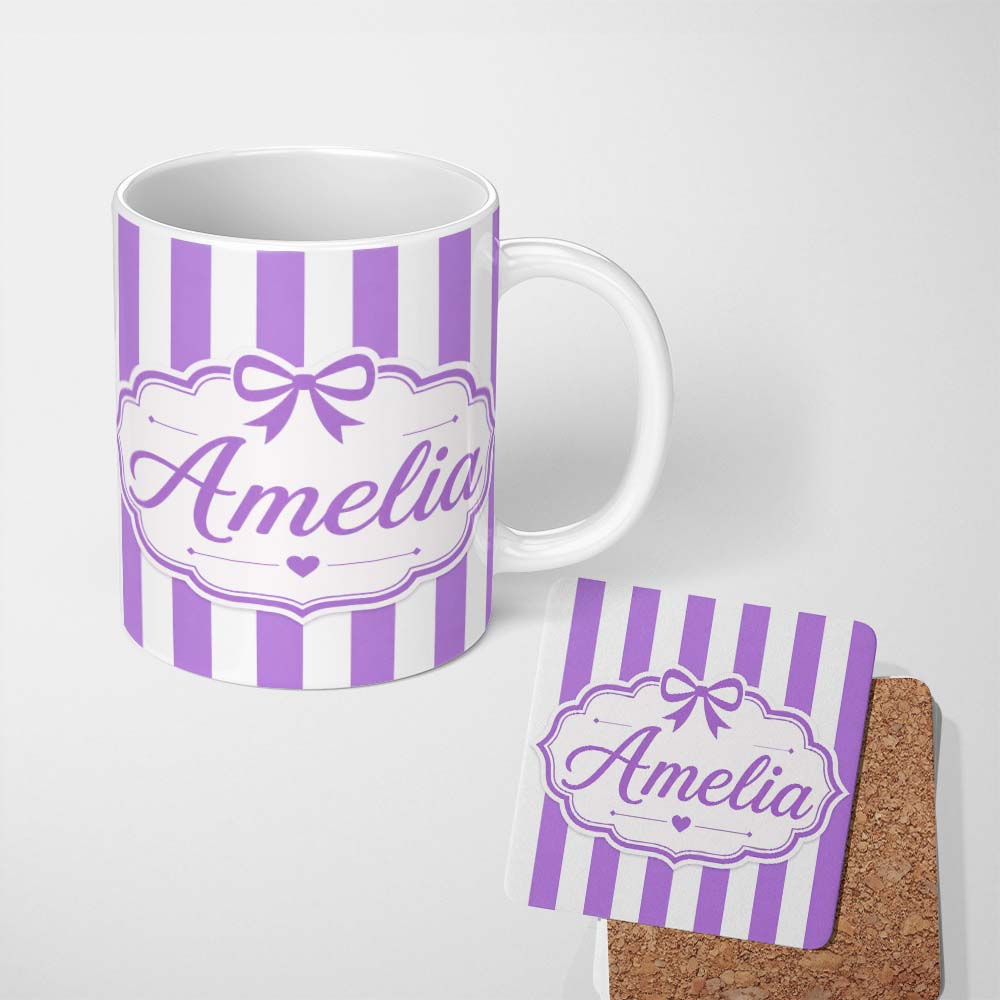 Personalized Custom Name Purple and White Wavy Stripe Abstract Seamless Pattern Name Cute 11oz Ceramic Coffee Tea Mug White Large Handle