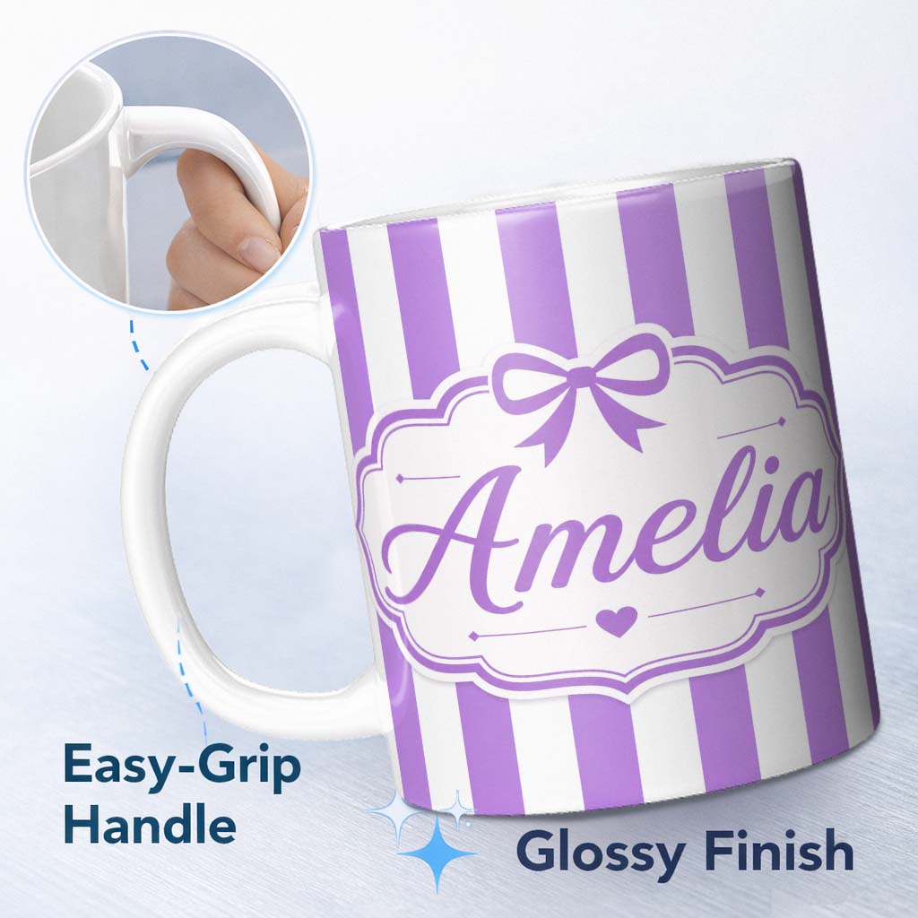 Personalized Custom Name Purple and White Wavy Stripe Abstract Seamless Pattern Name Cute 11oz Ceramic Coffee Tea Mug White Large Handle