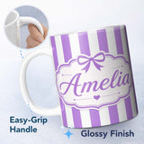 Personalized Custom Name Purple and White Wavy Stripe Abstract Seamless Pattern Name Cute 11oz Ceramic Coffee Tea Mug White Large Handle