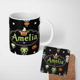 Personalized Custom Name Cute Halloween Characters Pumpkin Bat Ghost Seamless Pattern Name 11oz Ceramic Coffee Tea Mug White Large Handle
