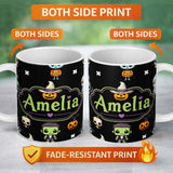 Personalized Custom Name Cute Halloween Characters Pumpkin Bat Ghost Seamless Pattern Name 11oz Ceramic Coffee Tea Mug White Large Handle