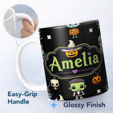Personalized Custom Name Cute Halloween Characters Pumpkin Bat Ghost Seamless Pattern Name 11oz Ceramic Coffee Tea Mug White Large Handle