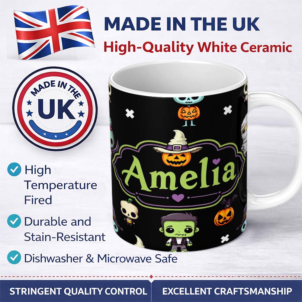 Personalized Custom Name Cute Halloween Characters Pumpkin Bat Ghost Seamless Pattern Name 11oz Ceramic Coffee Tea Mug White Large Handle