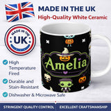 Personalized Custom Name Cute Halloween Characters Pumpkin Bat Ghost Seamless Pattern Name 11oz Ceramic Coffee Tea Mug White Large Handle