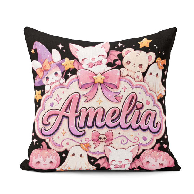 Custom Name Kawaii Halloween Bunny Witch Seamless Pattern Custom Square Filled Cushion Throw Pillow Sofa Bed Home Decor Zip Washable UK Made