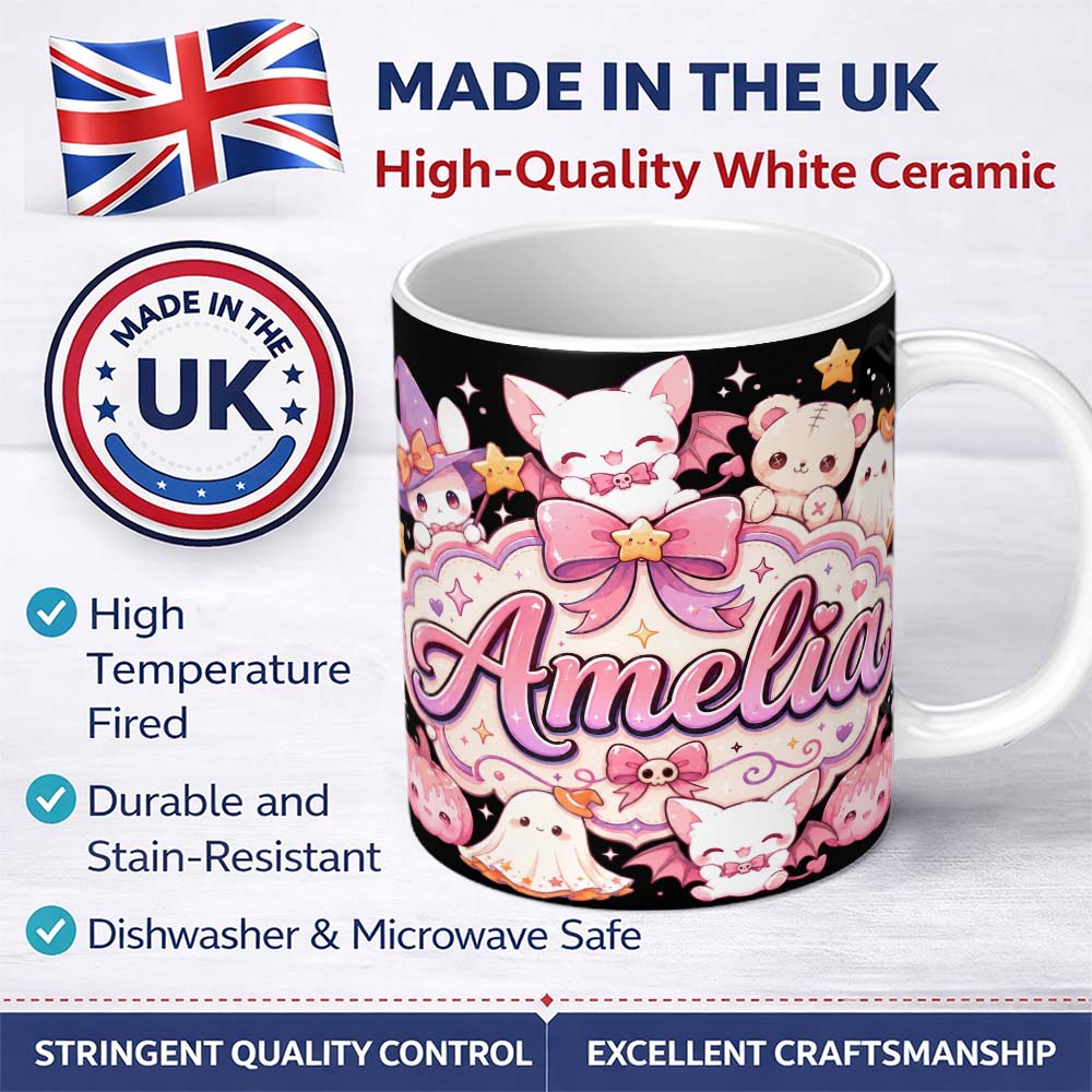 Personalized Custom Name Kawaii Halloween Bunny Witch Teddy Ghost Seamless Pattern Custom 11oz Ceramic Coffee Tea Mug White Large Handle