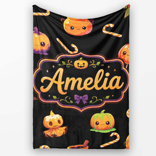 Cute Halloween Pumpkin Candy Cartoon Seamless Pattern Name Unique  Personalised Custom Name Super Soft Fleece Blanket Bed Sofa Throw