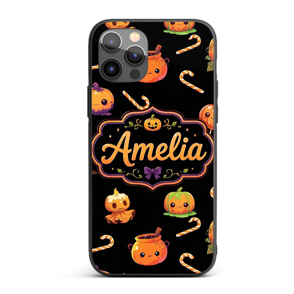 Cute Halloween Pumpkin Candy Cartoon Seamless Custom Name Protective Phone Case Mobile Cover Durable Everyday Smartphone Shock Resistant