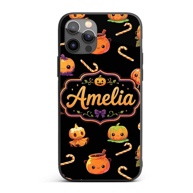 Cute Halloween Pumpkin Candy Cartoon Seamless Custom Name Protective Phone Case Mobile Cover Durable Everyday Smartphone Shock Resistant