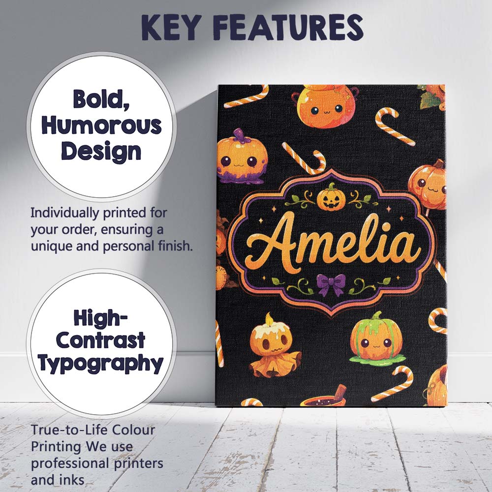 Personalised Name Cute Halloween Pumpkin Custom  Unique Gift Idea Elegant Feature Canvas Wall Art Print Decor Picture Ready to Hang