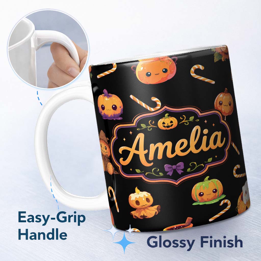 Personalized Custom Name Cute Halloween Pumpkin Candy Cartoon Seamless Pattern Name Unique 11oz Ceramic Coffee Tea Mug White Large Handle